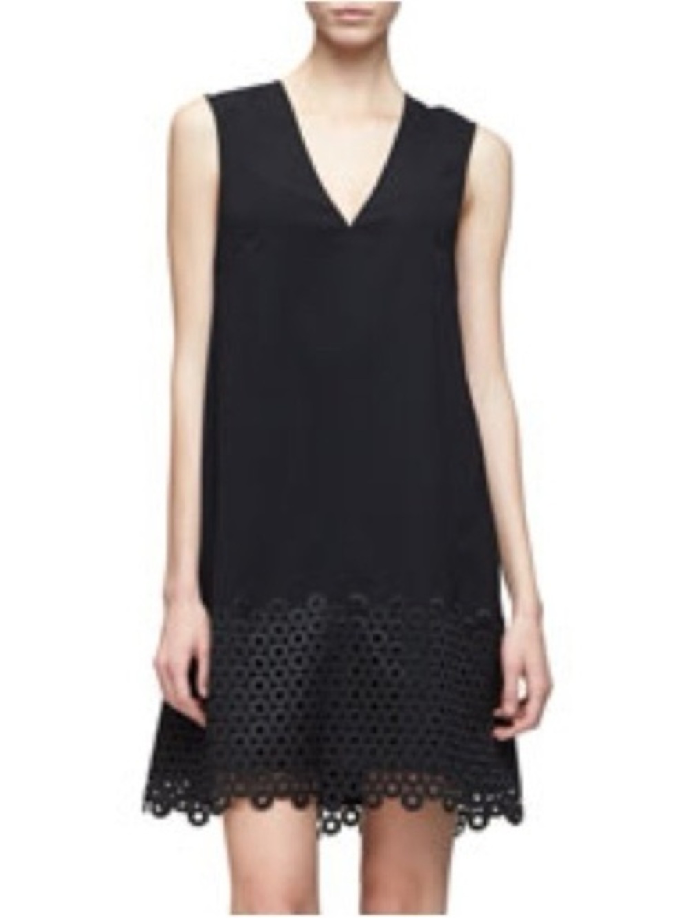 Lela Rose Black Sleeveless V-Neck Mini Dress with Eyelet Hem